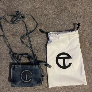 Telfar Denim Crossbody Bag in Blue with Logo